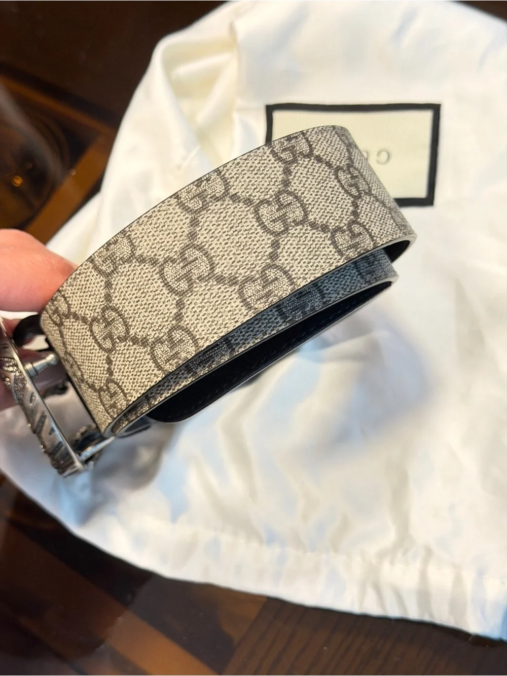 Gucci Black Suede & Gray GG Canvas Belt with Double Snake Buckle